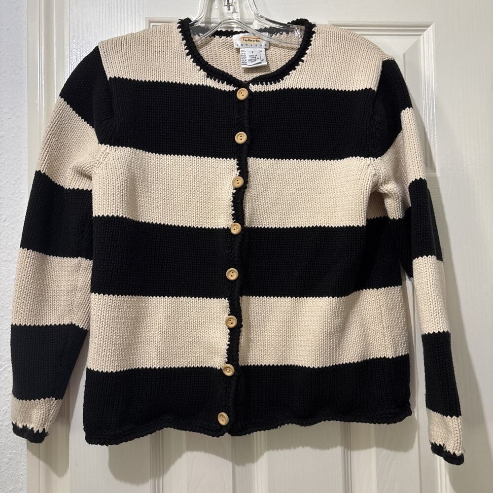 Talbots Petites Striped Cardigan PS Black Cream Chunky Cotton Knit Wood Buttons